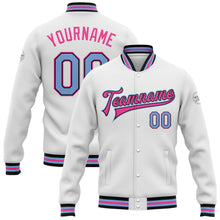 Load image into Gallery viewer, Custom White Light Blue Black-Pink Bomber Full-Snap Varsity Letterman Jacket
