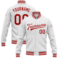 Load image into Gallery viewer, Custom White Red Bomber Full-Snap Varsity Letterman Jacket
