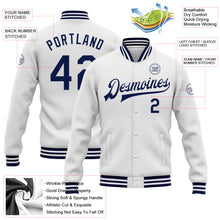 Load image into Gallery viewer, Custom White Navy Bomber Full-Snap Varsity Letterman Jacket
