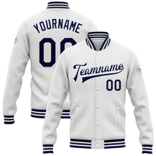Load image into Gallery viewer, Custom White Navy Bomber Full-Snap Varsity Letterman Jacket
