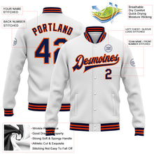 Load image into Gallery viewer, Custom White Navy-Orange Bomber Full-Snap Varsity Letterman Jacket
