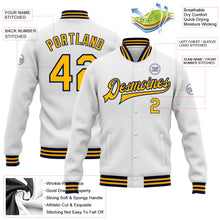 Load image into Gallery viewer, Custom White Gold-Navy Bomber Full-Snap Varsity Letterman Jacket
