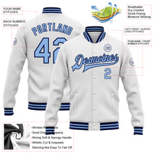 Load image into Gallery viewer, Custom White Light Blue-Navy Bomber Full-Snap Varsity Letterman Jacket
