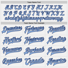 Load image into Gallery viewer, Custom White Light Blue-Navy Bomber Full-Snap Varsity Letterman Jacket
