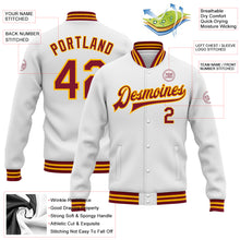 Load image into Gallery viewer, Custom White Crimson-Gold Bomber Full-Snap Varsity Letterman Jacket
