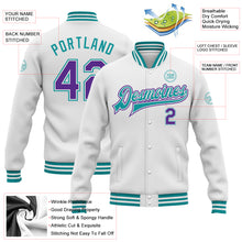 Load image into Gallery viewer, Custom White Purple-Teal Bomber Full-Snap Varsity Letterman Jacket
