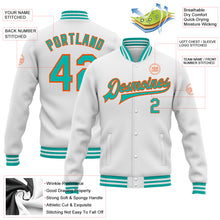 Load image into Gallery viewer, Custom White Aqua-Orange Bomber Full-Snap Varsity Letterman Jacket
