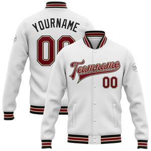 Custom White Crimson City Cream-Black Bomber Full-Snap Varsity Letterman Jacket