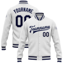 Load image into Gallery viewer, Custom White Navy-Gray Bomber Full-Snap Varsity Letterman Jacket
