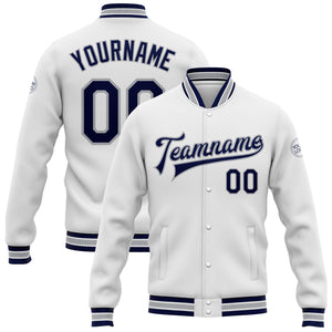 Custom White Navy-Gray Bomber Full-Snap Varsity Letterman Jacket