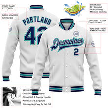 Load image into Gallery viewer, Custom White Navy Gray-Teal Bomber Full-Snap Varsity Letterman Jacket
