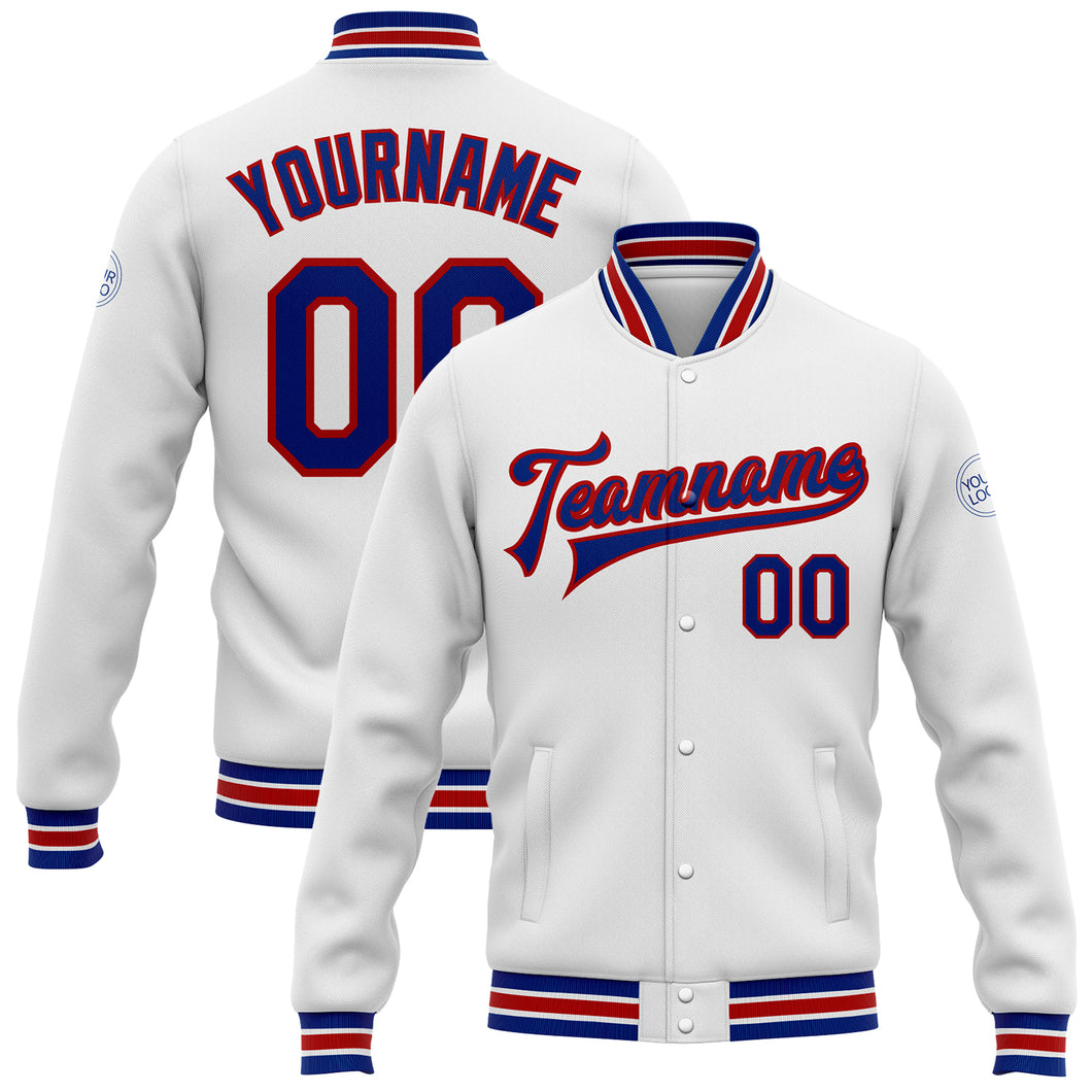 Custom White Royal-Red Bomber Full-Snap Varsity Letterman Jacket