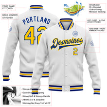 Load image into Gallery viewer, Custom White Yellow-Royal Bomber Full-Snap Varsity Letterman Jacket
