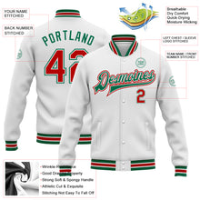 Load image into Gallery viewer, Custom White Red-Kelly Green Bomber Full-Snap Varsity Letterman Jacket
