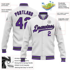 Custom White Purple-Black Bomber Full-Snap Varsity Letterman Jacket