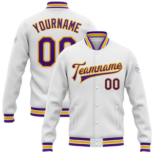 Custom White Purple-Gold Bomber Full-Snap Varsity Letterman Jacket