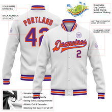 Load image into Gallery viewer, Custom White Purple-Orange Bomber Full-Snap Varsity Letterman Jacket
