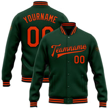 Load image into Gallery viewer, Custom Green Orange-Black Bomber Full-Snap Varsity Letterman Jacket
