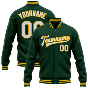 Custom Green White-Gold Bomber Full-Snap Varsity Letterman Jacket