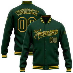 Custom Green Gold Bomber Full-Snap Varsity Letterman Jacket