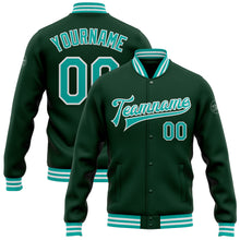 Load image into Gallery viewer, Custom Green Aqua-White Bomber Full-Snap Varsity Letterman Jacket
