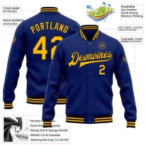 Custom Royal Gold-Black Bomber Full-Snap Varsity Letterman Jacket