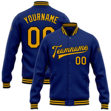 Load image into Gallery viewer, Custom Royal Gold-Black Bomber Full-Snap Varsity Letterman Jacket
