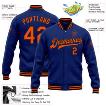 Load image into Gallery viewer, Custom Royal Orange-Black Bomber Full-Snap Varsity Letterman Jacket
