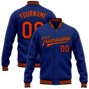 Custom Royal Orange-Black Bomber Full-Snap Varsity Letterman Jacket