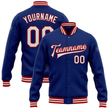 Load image into Gallery viewer, Custom Royal White-Red Bomber Full-Snap Varsity Letterman Jacket
