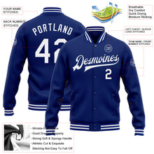 Load image into Gallery viewer, Custom Royal White Bomber Full-Snap Varsity Letterman Jacket
