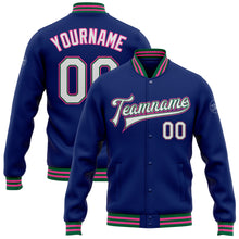 Load image into Gallery viewer, Custom Royal White Kelly Green-Pink Bomber Full-Snap Varsity Letterman Jacket
