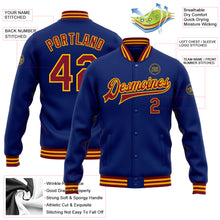 Load image into Gallery viewer, Custom Royal Crimson-Gold Bomber Full-Snap Varsity Letterman Jacket
