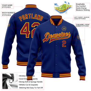 Custom Royal Crimson-Gold Bomber Full-Snap Varsity Letterman Jacket