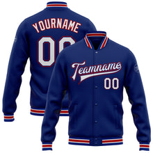 Load image into Gallery viewer, Custom Royal White-Red Bomber Full-Snap Varsity Letterman Jacket
