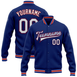 Custom Royal White-Red Bomber Full-Snap Varsity Letterman Jacket