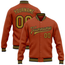 Load image into Gallery viewer, Custom Texas Orange Old Gold-Black Bomber Full-Snap Varsity Letterman Jacket
