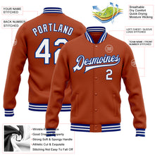 Load image into Gallery viewer, Custom Texas Orange White-Royal Bomber Full-Snap Varsity Letterman Jacket
