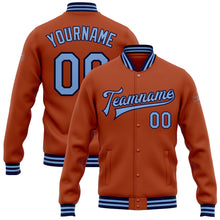 Load image into Gallery viewer, Custom Texas Orange Light Blue-Navy Bomber Full-Snap Varsity Letterman Jacket
