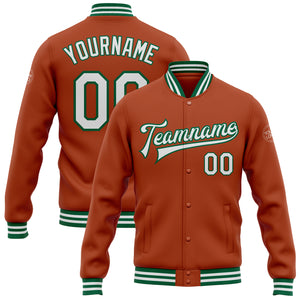 Custom Texas Orange White-Kelly Green Bomber Full-Snap Varsity Letterman Jacket