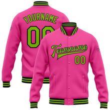 Load image into Gallery viewer, Custom Pink Neon Green-Black Bomber Full-Snap Varsity Letterman Jacket
