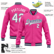 Load image into Gallery viewer, Custom Pink White-Navy Bomber Full-Snap Varsity Letterman Jacket
