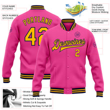 Load image into Gallery viewer, Custom Pink Gold-Navy Bomber Full-Snap Varsity Letterman Jacket
