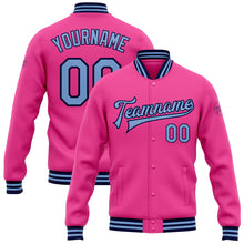 Load image into Gallery viewer, Custom Pink Light Blue-Navy Bomber Full-Snap Varsity Letterman Jacket
