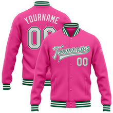 Load image into Gallery viewer, Custom Pink White-Kelly Green Bomber Full-Snap Varsity Letterman Jacket
