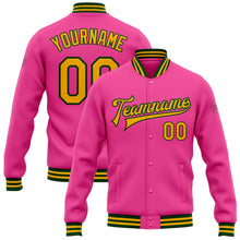 Load image into Gallery viewer, Custom Pink Gold-Green Bomber Full-Snap Varsity Letterman Jacket
