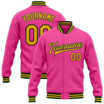 Custom Pink Gold-Green Bomber Full-Snap Varsity Letterman Jacket