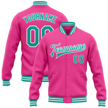 Load image into Gallery viewer, Custom Pink Aqua-White Bomber Full-Snap Varsity Letterman Jacket
