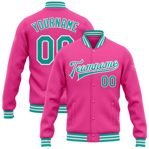 Custom Pink Aqua-White Bomber Full-Snap Varsity Letterman Jacket