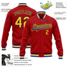 Load image into Gallery viewer, Custom Red Yellow-Royal Bomber Full-Snap Varsity Letterman Jacket
